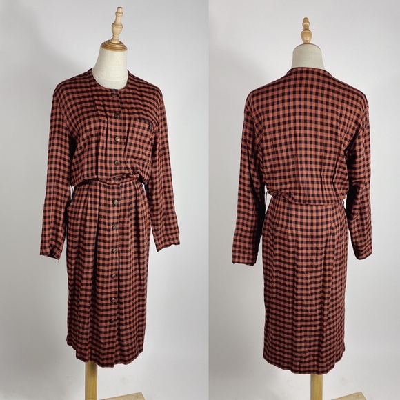 Vintage Dresses & Skirts - VINTAGE 90s Moda Intl Gingham Plaid Clay & Black Long Sleeve Button Dress Medium